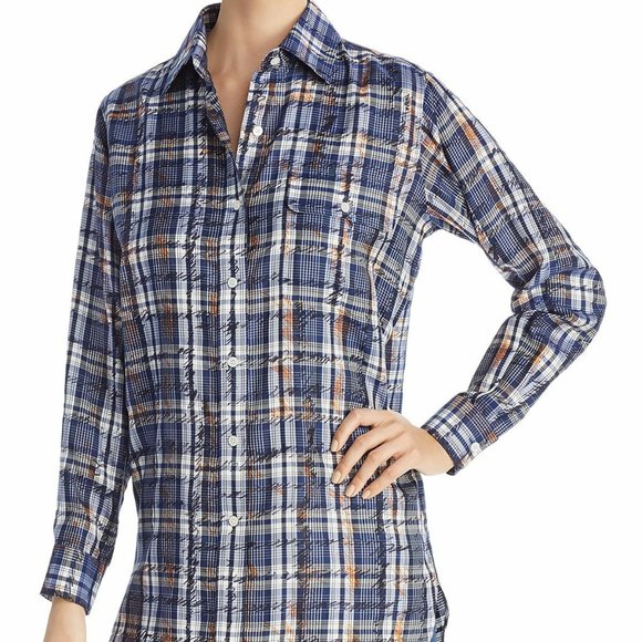Burberry London Chava Scribble Check SILK Shirt Blouse Size US 4 NWT Navy $490 - Picture 1 of 7